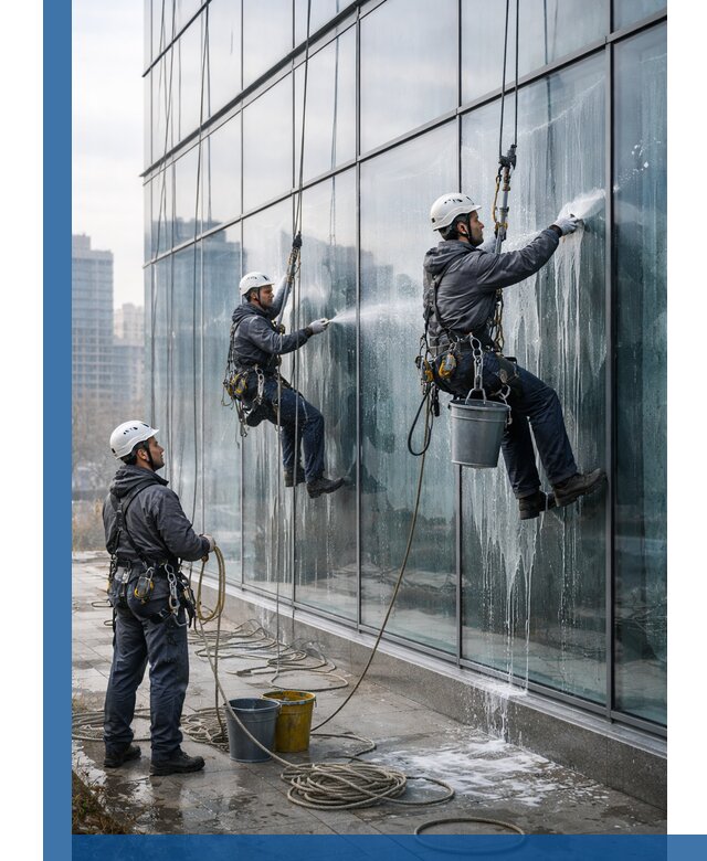 Промышленная мойка панорамных окон на высоте в Пугачёве