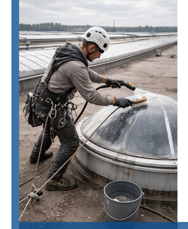 Мойка зенитных фонарей на кровле для промышленных объектов в Пугачёве