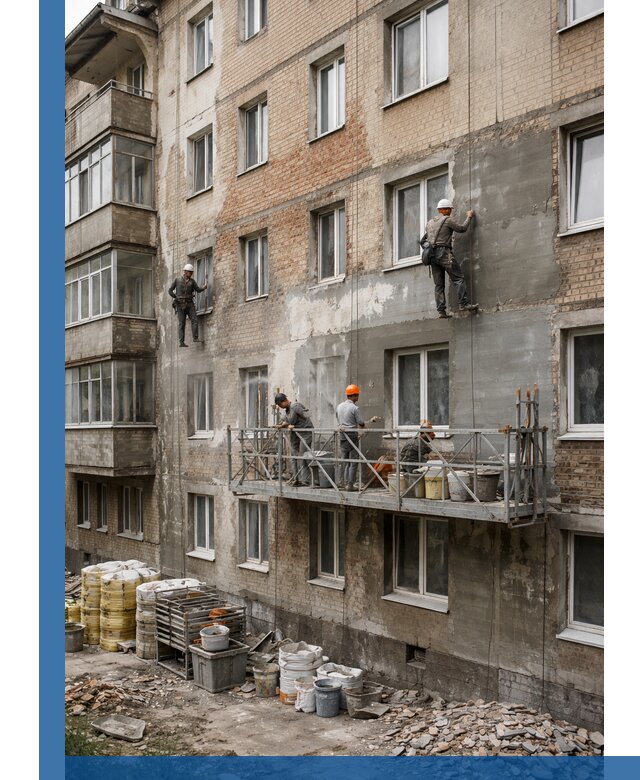 Капитальный ремонт фасада в Пугачёве с восстановлением и гидроизоляцией