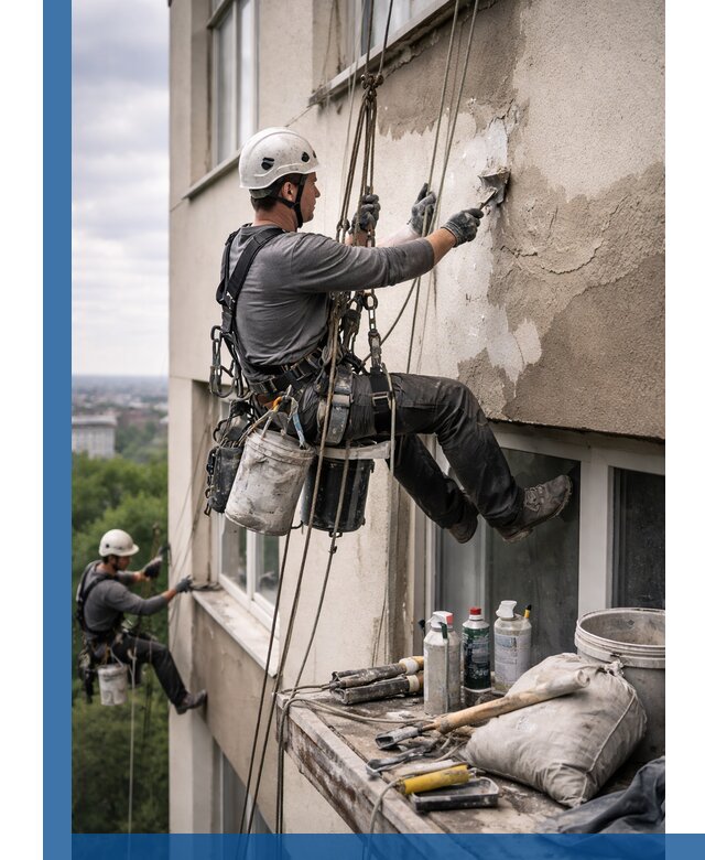 Косметический ремонт фасада зданий в Пугачёве промышленными альпинистами