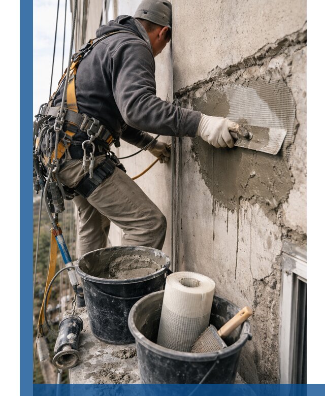 Ремонт бетонных элементов фасада промышленными альпинистами в Пугачёве