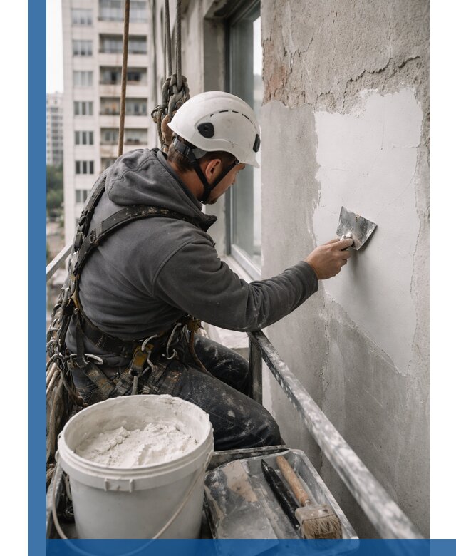 Шпаклевка фасадов на высоте с промальпинистами в Пугачёве