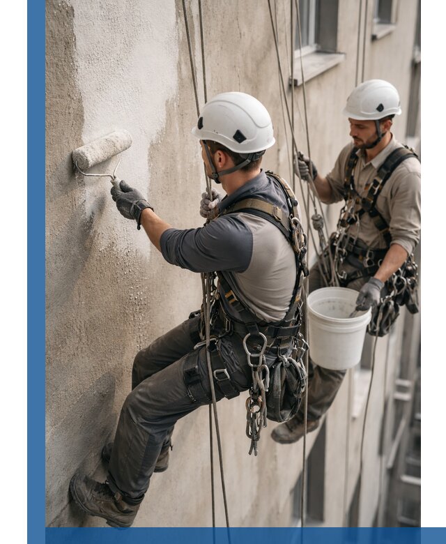 Грунтовка фасада на высоте в Пугачёве промышленными альпинистами