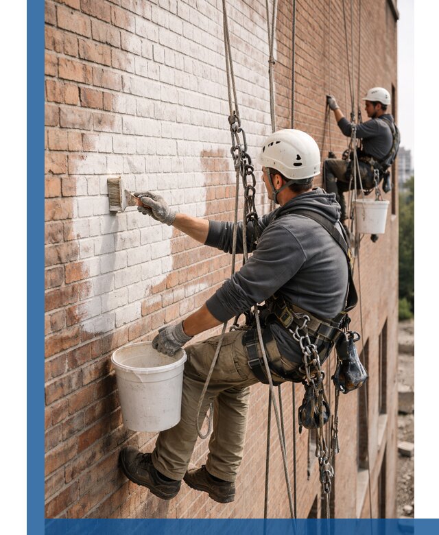 Покраска кирпичного фасада с доступным альпинистским сервисом в Пугачёве