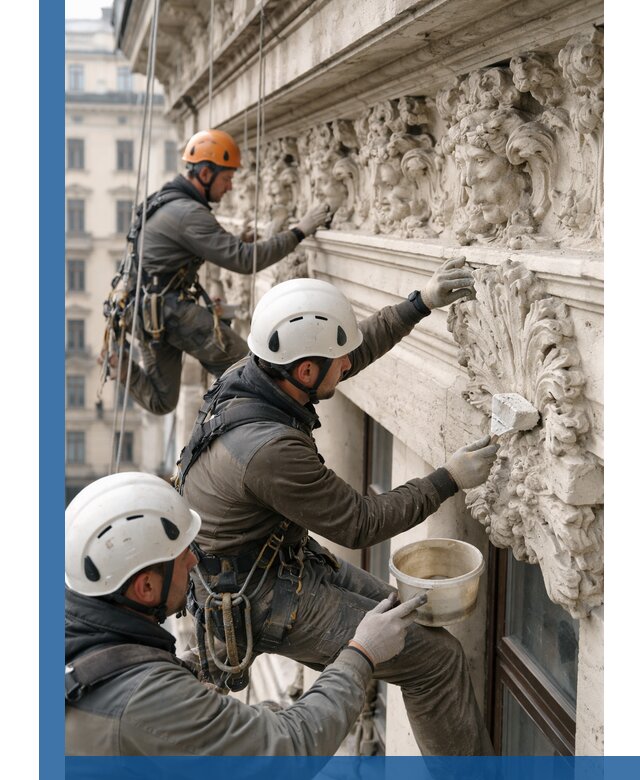 Реставрация фасадной лепнины с высотными работами в Пугачёве