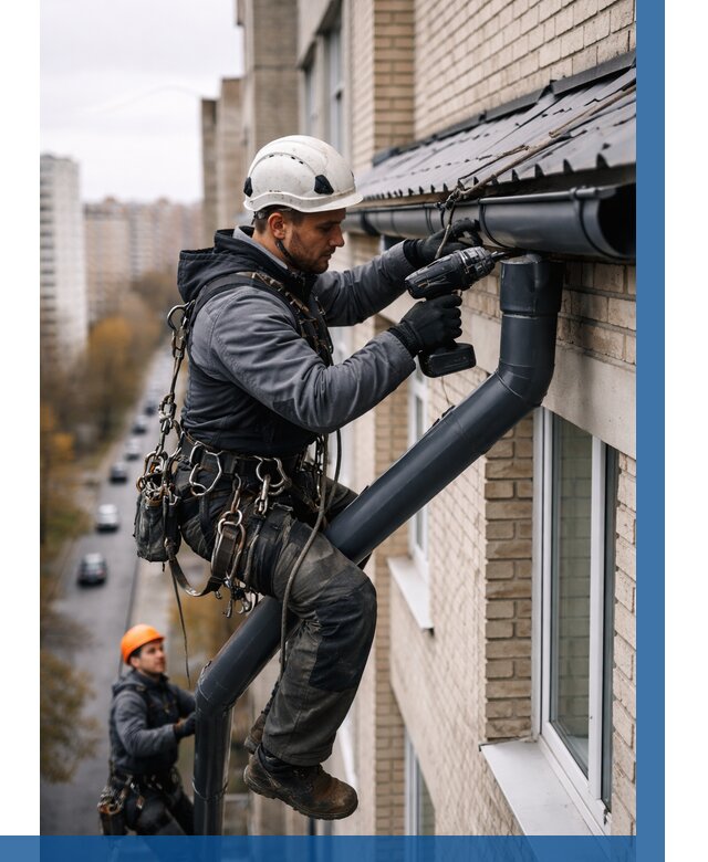 Монтаж водосточной системы на здании в Пугачёве от 5080 р. | ВЫСОТНИК-Пгч