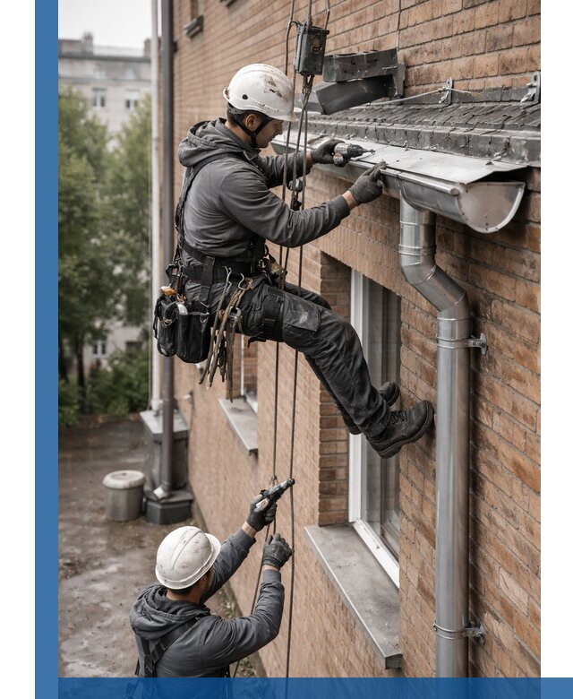 Монтаж водосточной системы на здании в Пугачёве под ключ