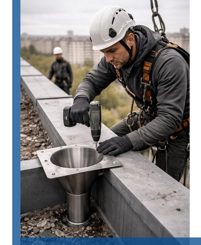 Монтаж водосточных воронок в Пугачёве для промышленных зданий