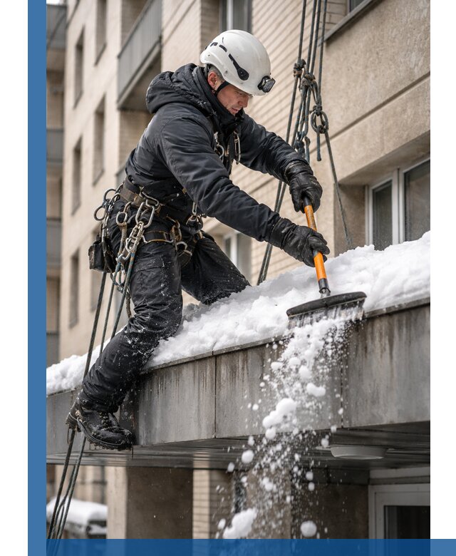 Очистка козырьков от снега в Пугачёве круглогодично безопасно