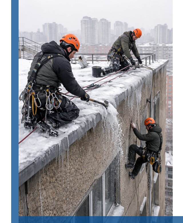 Удаление наледи с кровли в Пугачёве промышленными альпинистами