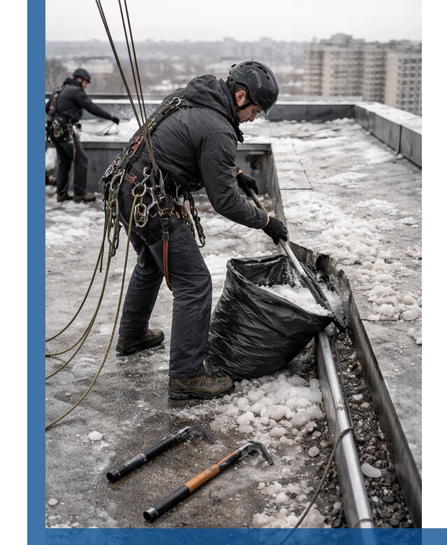 Аварийная очистка кровли в Пугачёве от промальпинистов