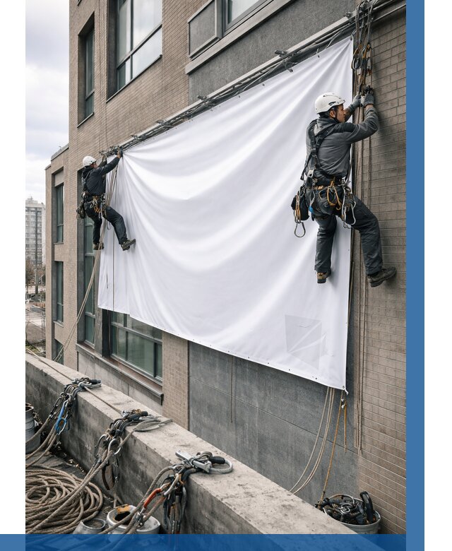 Монтаж баннеров на фасаде в Пугачёве от 660 р. заказать ВЫСОТНИК-Пгч