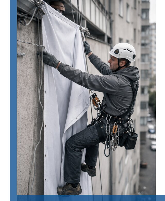 Замена баннерного полотна промышленными альпинистами в Пугачёве