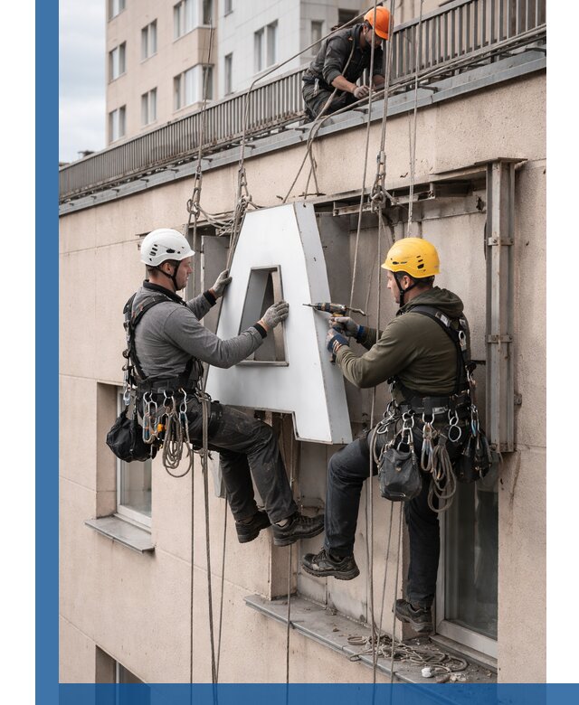 Ремонт и восстановление наружных вывесок на высоте в Пугачёве