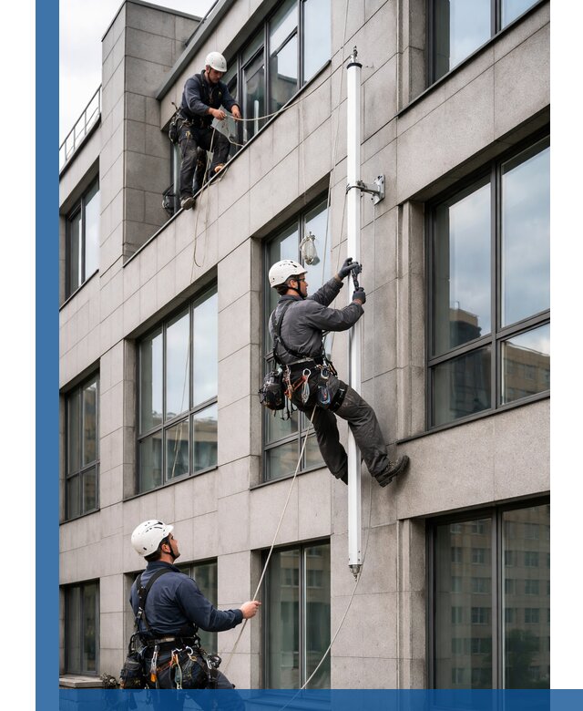 Монтаж флагштока на фасаде здания с креплением и герметикой в Пугачёве