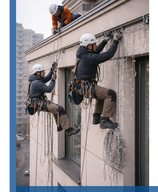 Монтаж праздничных гирлянд на фасаде в Пугачёве для зданий