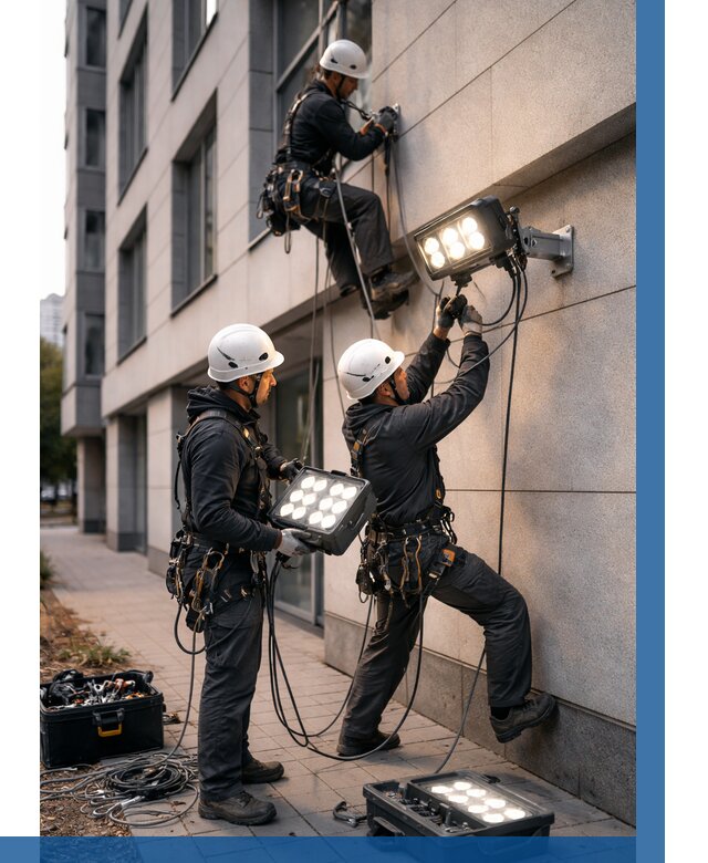 Монтаж прожекторов на фасаде в Пугачёве от 7620 р. | ВЫСОТНИК-Пгч