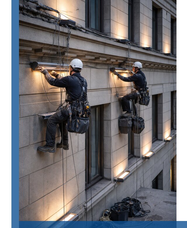 Монтаж архитектурной подсветки фасадов зданий в Пугачёве