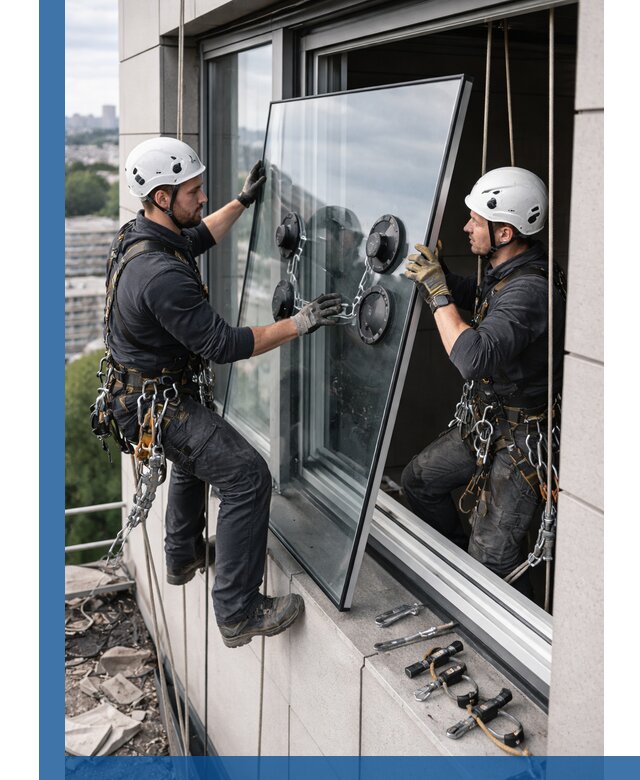 Замена стеклопакетов на высоте с промышленными альпинистами в Пугачёве
