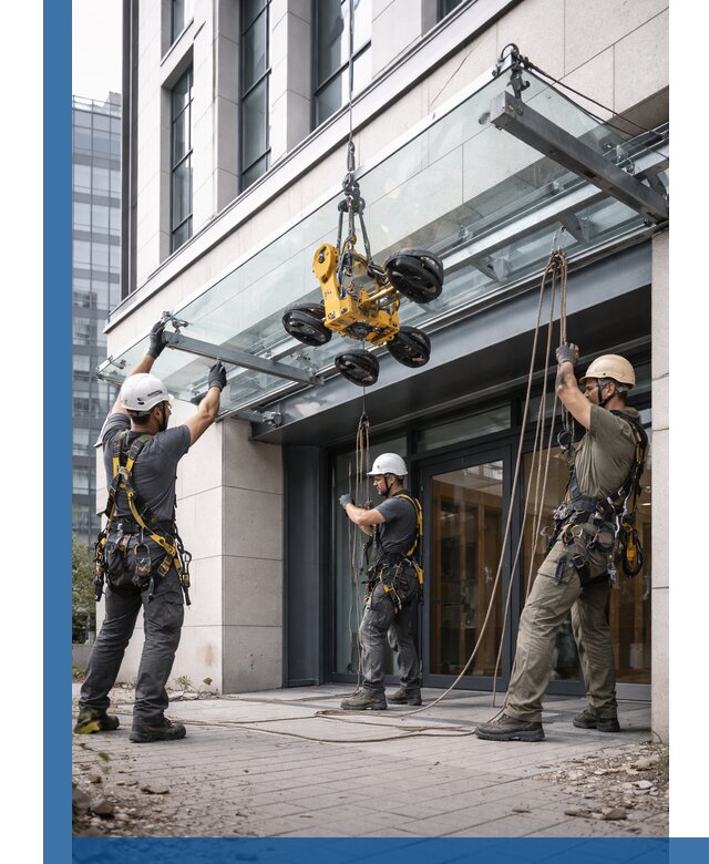 Монтаж стеклянных козырьков под ключ в Пугачёве для зданий