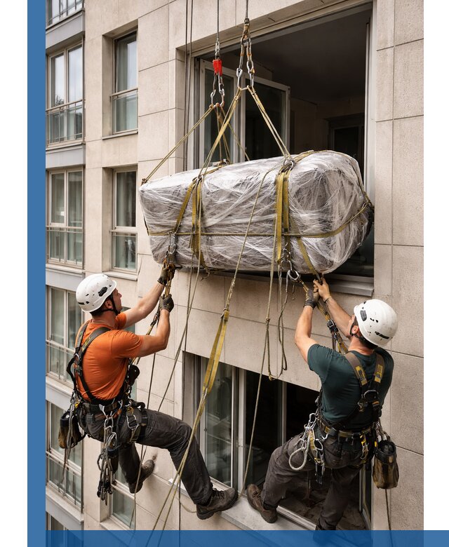 Подъем грузов через окно в Пугачёве промышленными альпинистами