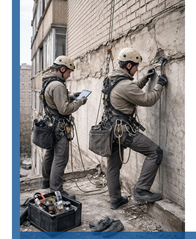 Обследование фасада промышленными альпинистами в Пугачёве